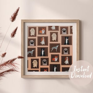 May include: A square wall art print in a light wood frame featuring a repeating pattern of various dog breeds illustrated in dark brown postage stamp-style borders against a light peach background. The print displays pugs, corgis, and spaniels.