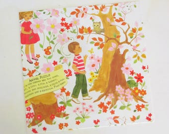 Vintage American Greetings Juvenile Animal Puzzle BIRTHDAY Gift Wrap Wrapping Paper BOY GIRL 1960s