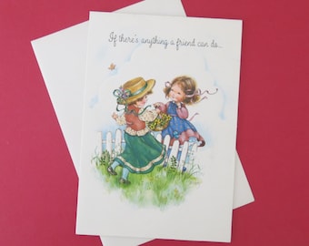 Vintage Hallmark Charmers FEEL BETTER Greeting Card - Unused - Girl Bringing Basket of Flowers to Her FRIEND - signed "Wendy" - 1970s