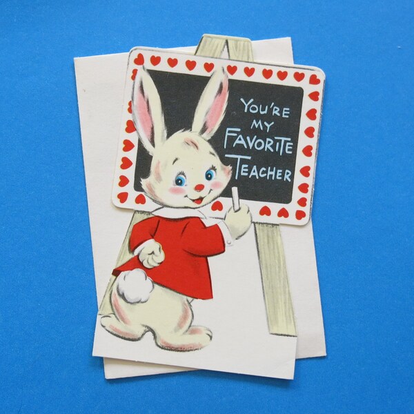 Vintage VALENTINE Greeting Card - For Favorite TEACHER - Adorable BUNNY - Unused with Envelope - 1960s