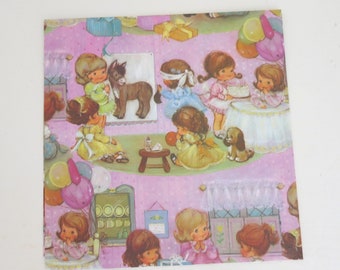 Vintage Hallmark Juvenile Gift Wrap - Wrapping Paper - GIRL'S BIRTHDAY PARTY - Super Cute - 1960s 1970s