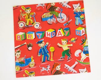 Vintage Kaycrest Mid-Century BIRTHDAY Gift Wrap - Wrapping Paper for Little BOY - Cowboy Policeman Fireman - 1950s 1960s