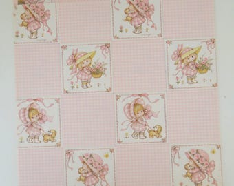 Vintage Hallmark Juvenile BIRTHDAY Gift Wrap - Wrapping Paper - Pink Gingham GIRLS with Puppies and Kittens - 1970s
