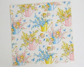 Vintage BABY Shower themed Gift Wrap - Wrapping Paper - BOY or GIRL - Angel Babies in Pastel Watering Cans - Circa 1950s