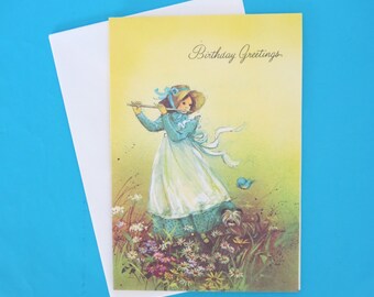 Vintage Coronation BIRTHDAY Greeting Card - GIRL playing Flute with Little BIRD - Unused - 1960s 1970s