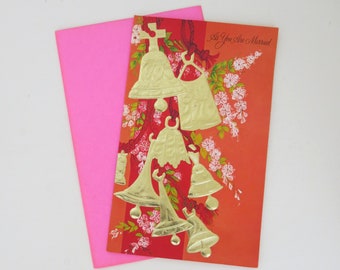 Vintage Gibson "Exotics" Greeting Card for WEDDING - Gold BELLS and Blossoms - Fancy EMBOSSED - Unused - 1960s