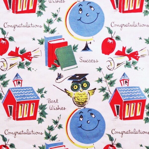 Vintage Dennison GRADUATION Gift Wrap Wrapping Paper - OWL School Diploma Books - 1950s