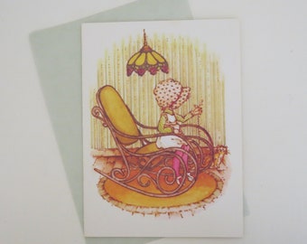 Vintage Quality Crest Juvenile BIRTHDAY Greeting Card - Prairie GIRL in Rocking Chair with CAT - Unused - 1970s