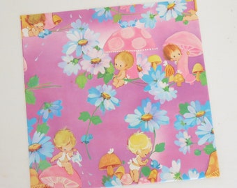 Vintage CharmCraft For BABY Gift Wrap - Wrapping Paper - Babies with Giant MUSHROOMS and FLOWERS - 1960s