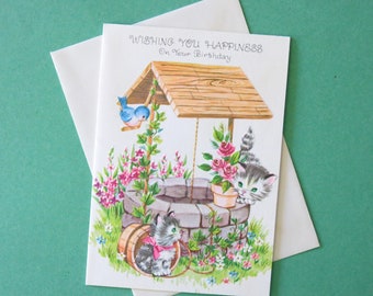 Vintage Greetings Inc. BIRTHDAY Card - Wishing You Happiness - KITTENS playing around Wishing Well - unused - 1950s 1960s