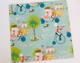 Vintage American Greetings Happy BIRTHDAY Gift Wrap - Wrapping Paper - CHEFS on Bicycles with CAKES - 1950s 1960s