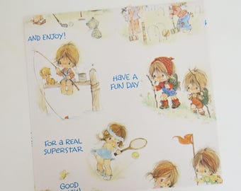 Vintage American Greetings Juvenile BIRTHDAY Wrapping Paper - Gift Wrap - CHILDREN Hiking Golfing Fishing Playing Tennis - 1970s