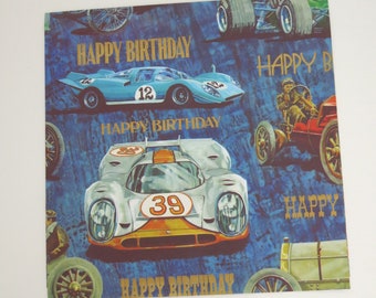 Vintage Hallmark Juvenile Happy BIRTHDAY Gift Wrap - Wrapping Paper - RACE CARS - 1970s