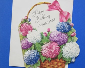 Vintage BIRTHDAY Greeting Card for GRANDMA - Beautiful Basket of FLOWERS - unused - 1950s