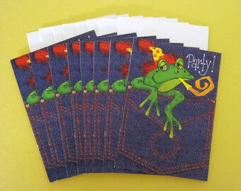 Vintage Hallmark BIRTHDAY PARTY Invitations - New Old Stock - Set of 8 - FROG in a Jean Back Pocket - 1970s