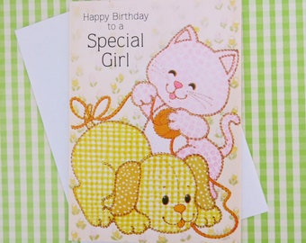 Vintage Juvenile Rust Craft BIRTHDAY Card - For a Special Girl - Adorable PUPPY and KITTEN - Unused - 1960s