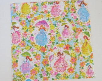 Vintage Rust Craft Bridal SHOWER Gift Wrap - Wrapping Paper - LADIES with Colorful UMBRELLAS - Late 1960s Early 1970s