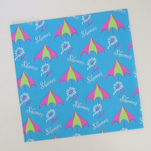 Vintage Dennison SHOWER Gift Wrap - Wrapping Paper - Bright Pink and Green UMBRELLAS and DAISIES - 1960s