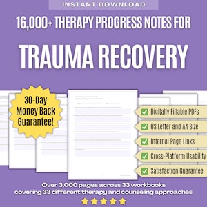 Può includere: Un download digitale di oltre 16.000 note di progresso terapeutico per il recupero dai traumi. La grafica viola mostra diverse pagine di documenti, una stella con garanzia soddisfatti o rimborsati di 30 giorni e cinque etichette.