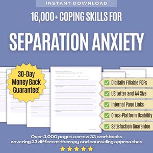 Könnte beinhalten: Ein digitales Arbeitsbuch-Set mit dem Titel 16,000+ Coping Skills for Separation Anxiety auf violettem Hintergrund. Es enthält weißen Text, einen gelben 30-Day Money Back Guarantee Stern und fünf grüne Häkchen-Boxen mit Produktmerkmalen.