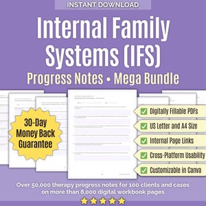 May include: A digital Internal Family Systems (IFS) Progress Notes Mega Bundle featuring multiple document pages, a 30-Day Money Back Guarantee badge, and a list of features including Digitally Fillable PDFs, US Letter and A4 Size, Internal Page Links, Cross-Platform Usability, and Customizable in Canva.