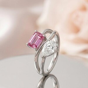 Anillo Toi et Moi de zafiro rosa, anillo de moissanita talla pera, anillo de plata de ley 925, joyería con piedras preciosas engastadas, regalo para ella.