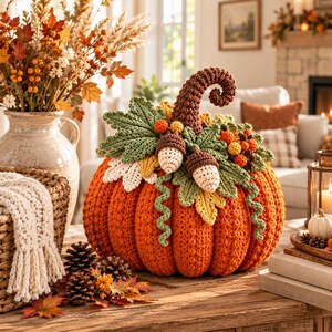 Puede incluir: Una calabaza grande y redonda tejida a ganchillo en color naranja con un tallo marrón curvado. La parte superior está decorada con hojas verdes tejidas, pequeñas bayas amarillas y naranjas, y dos bellotas claras tejidas con casquillos marrones.