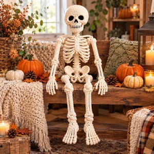 Op de afbeelding: Een gehaakt gebroken wit skeletfiguur met een gedetailleerde schedel, ribbenkast en beweegbare ledematen. Het figuur is gemaakt van garen en heeft overal zichtbare steken, inclusief de handen en voeten, wat zorgt voor een textuurrijk uiterlijk.