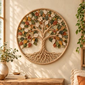 May include: A circular wall hanging featuring a macrame tree of life design. The trunk and roots are crafted from braided natural cord, while the canopy is filled with crocheted leaves and small flowers in shades of green, orange, and cream.