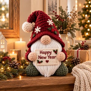 May include: A crocheted gnome figurine wearing a dark red hat with white snowflake appliques and a white pom-pom. The gnome has a long white beard, a beige nose, and dark green feet. It holds a rectangular sign that reads Happy New Year.