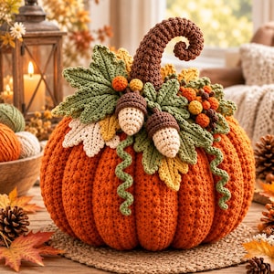 May include: A large, round, orange crocheted pumpkin featuring a prominent curled brown stem. The top is decorated with green crocheted leaves, two small brown and cream acorns, and clusters of tiny orange and yellow crocheted berries.