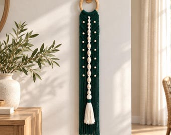 Macrame Wall Hanging, Vertical Fiber Wall Art, Boho Wall Decor with Wooden Beads, Handmade Cotton Tapestry