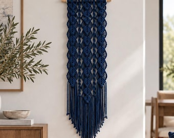 Navy Blue Macrame Wall Hanging, Sculptural Wall Art, Textured Fiber Art, Modern Boho Wall Decor