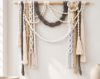 Large Macrame Wall Hanging, Neutral Fiber Wall Art, Sculptural Wall Decor, Floral Macrame, Boho Bedroom Decor