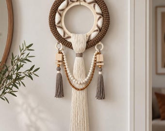 Round Macrame Wall Hanging, Handmade Brown Beige Woven Boho Home Decor (Wooden Beads, Tassels)