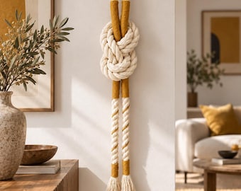 Rope Knot Wall Hanging, Mustard Macrame Wall Art, Sculptural Nautical Textile Decor (Choose Size & Color)