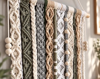 Sage Green Beige Macrame Wall Hanging, Neutral Sculptural Fiber Art, Woven Boho Wall Decor