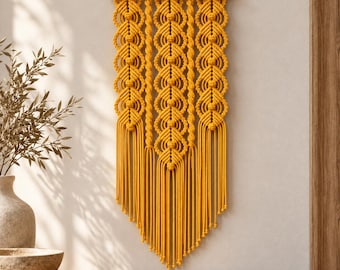 Mustard Yellow Macrame Wall Hanging, Textured Fiber Art, Modern Minimalist Wall Decor