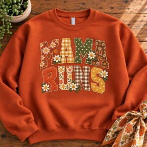 Cute Faux Patchwork Mama Runs Sweatshirt, Quilted Daisy Running Mom Shirt, Retro 70s Runner Mom Gift, Marathon Mama Crewneck Gift