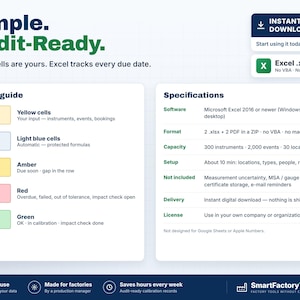 May include: A digital audit-ready Excel spreadsheet template featuring a color guide with yellow, light blue, amber, red, and green cells. The document includes specifications for software, format, capacity, setup, and license information.