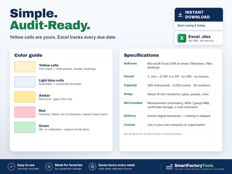 May include: A digital audit-ready Excel spreadsheet template featuring a color guide with yellow, light blue, amber, red, and green cells. The document includes specifications for software, format, capacity, setup, and license information.