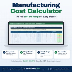 May include: A digital Manufacturing Cost Calculator spreadsheet displayed on a laptop screen. The interface shows columns for product costs, margins, and status. Below are four numbered feature boxes and text detailing file formats.