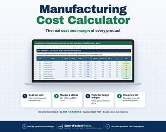Puede incluir: Una hoja de cálculo digital de costos de fabricación mostrada en una pantalla de computadora portátil. La interfaz muestra columnas para costos, márgenes y estados. Debajo hay cuatro cuadros numerados y texto sobre formatos de archivo.