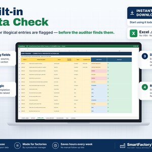 May include: A digital spreadsheet displayed on a laptop screen titled CAPA TRACKER - CORRECTIVE & PREVENTIVE ACTION LOG. The interface features columns for ID, description, owner, and status, with colour-coded cells highlighting data checks.