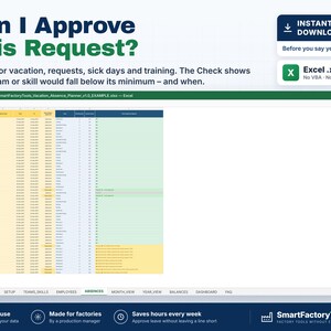 May include: A digital vacation and absence planner spreadsheet template for Excel. The interface displays columns for employee names, request types, and dates, with a tabbed navigation bar at the bottom labeled Start Here, Setup, Teams, Skills, Employees, Absences, Month View, Year View, Balances, Dashboard, and FAQ.