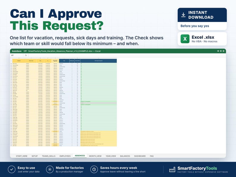 May include: A digital vacation and absence planner spreadsheet template for Excel. The interface displays columns for employee names, request types, and dates, with a tabbed navigation bar at the bottom labeled Start Here, Setup, Teams, Skills, Employees, Absences, Month View, Year View, Balances, Dashboard, and FAQ.