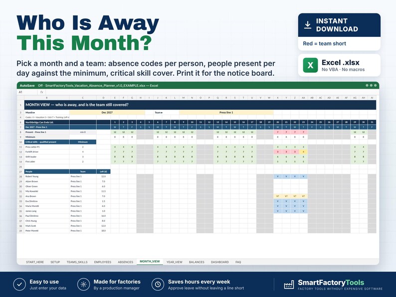 May include: A digital vacation absence planner spreadsheet template titled Who Is Away This Month? featuring a month view grid with columns for dates, team members, and absence codes, displayed in a white and blue interface.