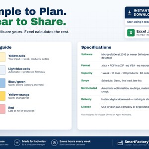 May include: A digital planning template for Microsoft Excel featuring a color guide with yellow, light blue, blue-green, yellow-orange, and red cells. The document includes specifications for software compatibility, file format, and capacity.