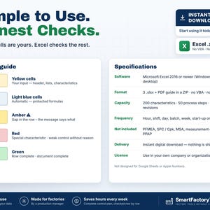 May include: A digital product information sheet titled Simple to Use. Honest Checks. It features a color guide with yellow, light blue, amber, red, and green cells, alongside a specifications table for Microsoft Excel software and file formats.