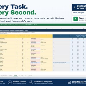 May include: A digital spreadsheet template titled Every Task. Every Second. featuring a line balancing calculator for factory operations. The Excel interface displays columns for tasks, time per unit, and units per cycle in a grid format.